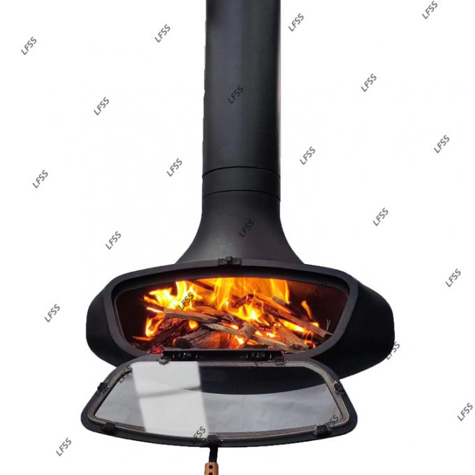 Hangende houten zwarte open haard brandende dakkamin binnen staal op maat 21